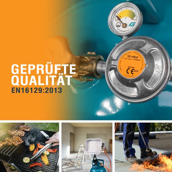 Gasschlauch Set bestehend aus Gasdruckregler 50 mbar mit Manometer und Sicherheitsventil sowie flexiblem Gasschlauch 80 cm - ideal für Gasgrills, Heizstrahler, Hockerkocher, Gaskocher, Lampen, uvm.