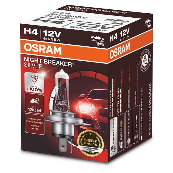 Osram Night Breaker Silver H4, +100% mehr Helligkeit, Halogen-Scheinwerferlampe, 64193NBS, 12V Pkw, Faltschachtel (1 Lampe)