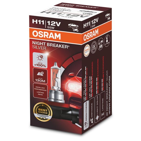 Osram Night Breaker Silver H11, +100% mehr Helligkeit, Halogen-Scheinwerferlampe, 64211NBS, 12V Pkw, Faltschachtel (1 Lampe)