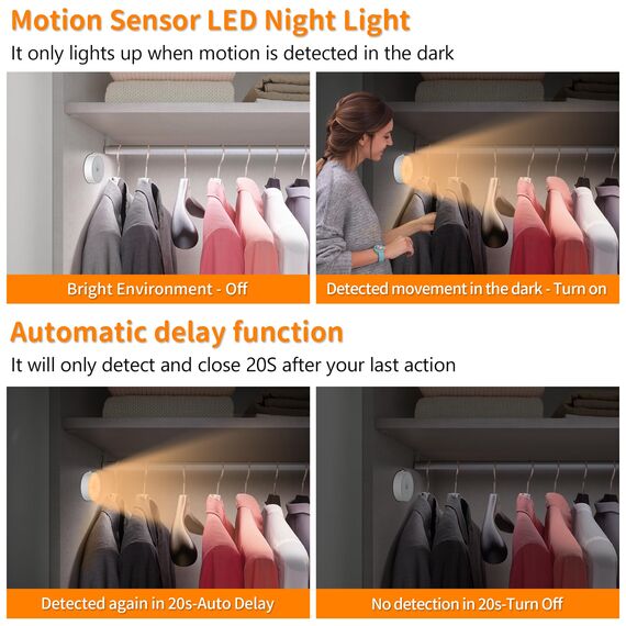 Nachtlicht mit Bewegungsmelder，3*AAA Batteriebetriebene lampen， Auto ON/OFF, Schrankbeleuchtung，Bewegungsmelder innen für Treppe, Schlafzimmer, Küche, Kinderzimmer. warmes Licht （Warmweiß 6 Stück）