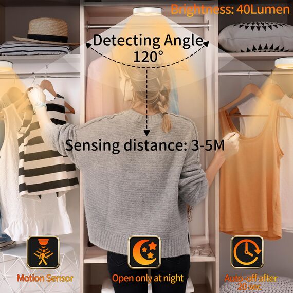 Nachtlicht mit Bewegungsmelder，3*AAA Batteriebetriebene lampen， Auto ON/OFF, Schrankbeleuchtung，Bewegungsmelder innen für Treppe, Schlafzimmer, Küche, Kinderzimmer. warmes Licht （Warmweiß 6 Stück）