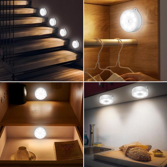 daphomeu Nachtlicht mit Bewegungsmelder，3*AAA Batteriebetriebene lampen， Auto ON/OFF, Schrankbeleuchtung，Bewegungsmelder innen für Treppe, Schlafzimmer, Küche, Kinderzimmer.（Kaltweiß 6 Stück）