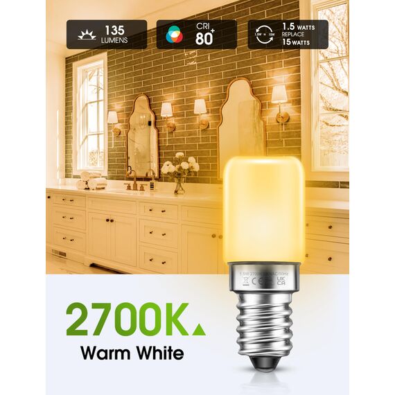 LOHAS LED Kühlschranklampe E14 LED Lampen, 1.5W Ersatz für 15W Halogenlampen, Warmweiß 2700K, 135lm, 360° Abstrahlwinkel, LED Kühlschrankbirne, LED Leuchtmittel, 230V AC, 2er Pack