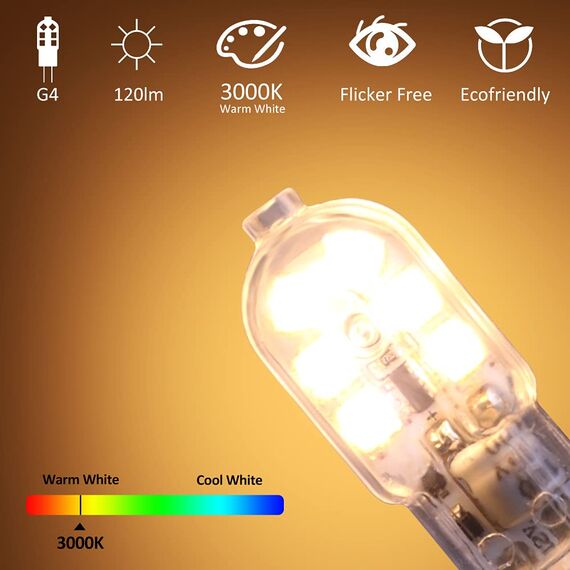 Tailcas G4 Led Birne Warmweiss, 1.2W 12V Lampen, Ersatz für 10W Halogenlampen, 120lm 3000K 360° AC/DC Leuchtmittel, Kein Flackern Nicht Dimmbar Stiftsockellampe Glühbirnen, 10er Pack