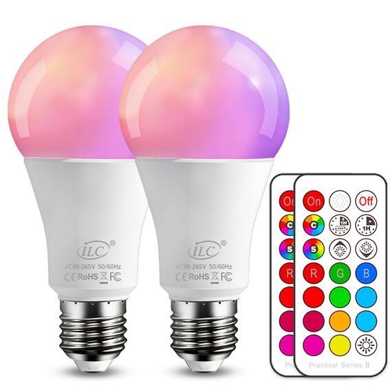 iLC Farbige Leuchtmittel LED RGBW Lampe Edison Dimmbare Farbige Leuchtmitte Lampen 10W E27 RGB LED Birnen- Dual Memory - 12 Farben - Kabellos Fernbedienung inklusive (2-er Pack)