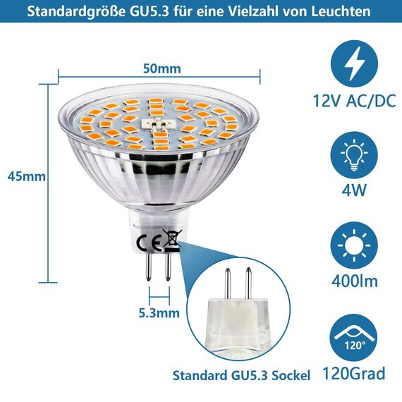 HiBay LED Leuchtmittel GU5.3 Lampe Warmweiß 2700K 4W (ersetzt 35W Halogenlampen) 400lm MR16 LED Birne 12V AC/DC Spot 10er Set