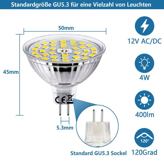 HiBay 10er LED Lampen 12V GU5.3 Kaltweiß 6000K AC/DC Leuchtmittel 4W Birnen 400 lm, Ersetzt 35W 45W, Nicht Dimmbar