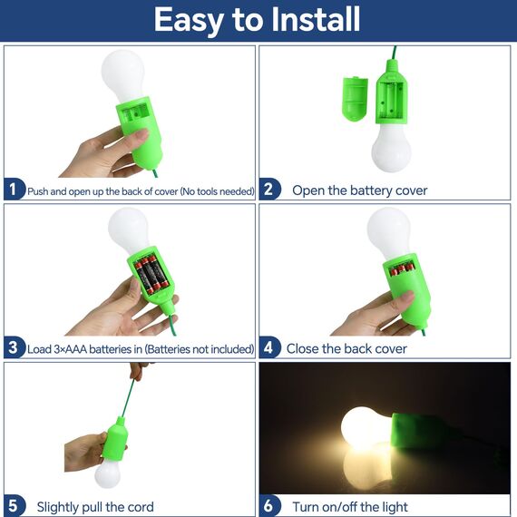 6 Stück Campinglampe, Light LED Camping, mit Zugschalter, Batteriebetrieben Tragbare LED Lampen, Zeltlampe Glühbirne, für BBQ, Camping, Zelt, Garten, Party Dekoration(Warmweiß 3000K)