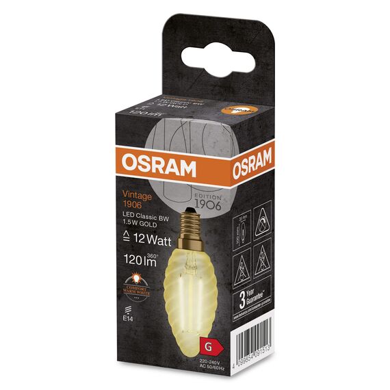 Osram LED-Lampen, Vintage-Edition, 12 Watts Ersatz, E14, B-shape, 2400 Kelvin, Warm Comfort Light, Klares Glas, single Pack