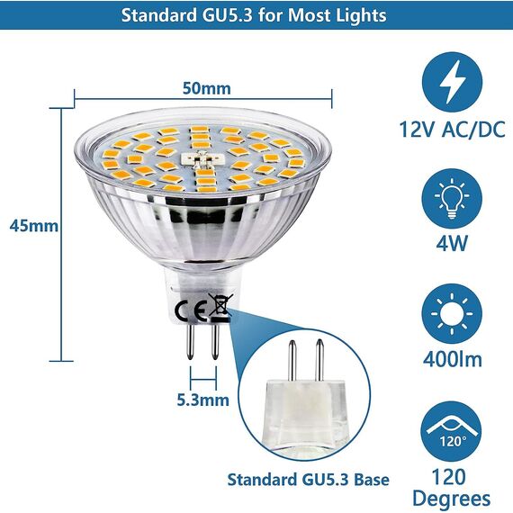 HiBay LED Spot GU5,3 Lampe Warmweiß 3000K 6er LED Leuchtmittel 4W (ersetzt 35W) 400lm MR16 Birne 12V AC/DC Glühbirne