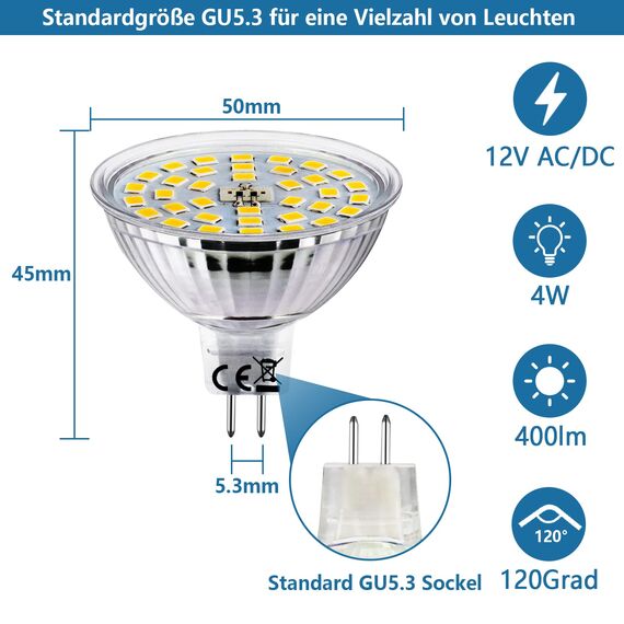 HiBay LED Lampe GU5,3 Leuchtmittel 4W MR16 LED Strahler 400 LM ersetzt 35W Neutralweiß 4000K Spot 12V AC/DC Nicht Dimmbar 6er Set