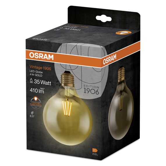 Osram LED-Lampen, Vintage-Edition, 35 Watts Ersatz, E27, Globe, 2400 Kelvin, Warm Comfort Light, Klares Glas, single Pack