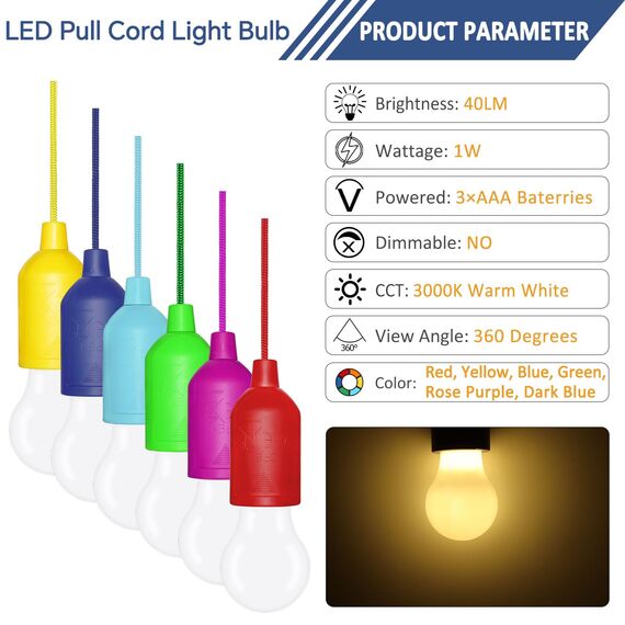 6 Stück Campinglampe, Light LED Camping, mit Zugschalter, Batteriebetrieben Tragbare LED Lampen, Zeltlampe Glühbirne, für BBQ, Camping, Zelt, Garten, Party Dekoration(Warmweiß 3000K)