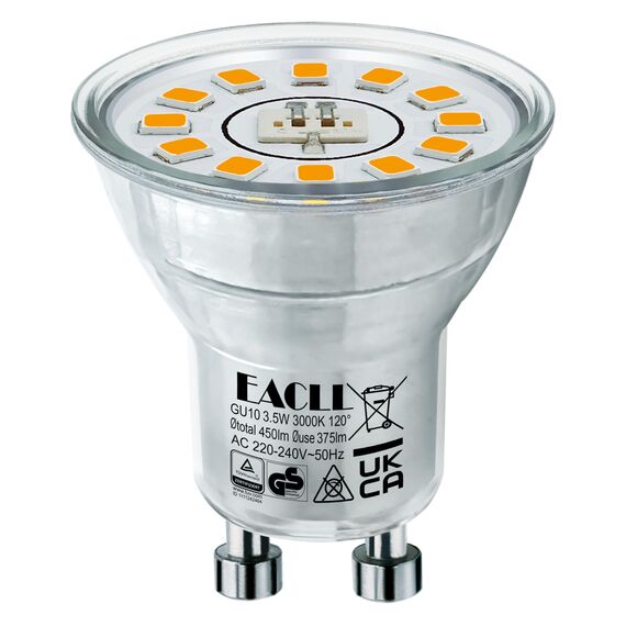 EACLL Mini GU10 LED Warmweiss 3.5 Watt Ersetzt 50W Halogen Leuchtmittel, 4er-Pack, 450lm 3000K Birnen, AC 230V Flimmerfrei Strahler, Abstrahlwinkel 120 Grad Spot, Nicht Dimmbar Reflektor Lampen Ø35mm