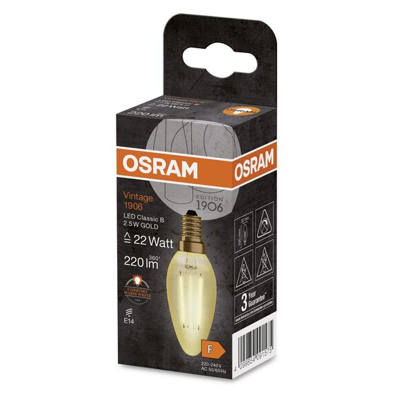 Osram LED-Lampen, Vintage-Edition, 22 Watts Ersatz, E14, B-shape, 2400 Kelvin, Warm Comfort Light, Klares Glas, single Pack