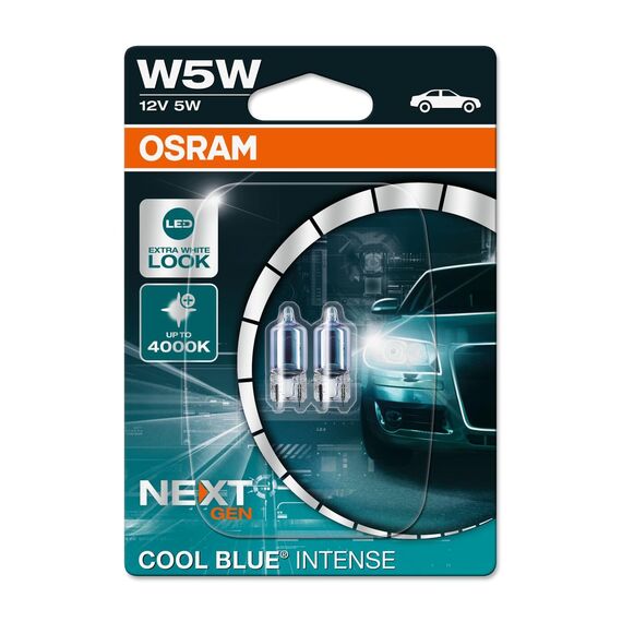 Osram COOL BLUE INTENSE W5W, bis zu 4.000 K, Halogensignallampe, Doppelblister (2 Lampen), 2825CBN-02B