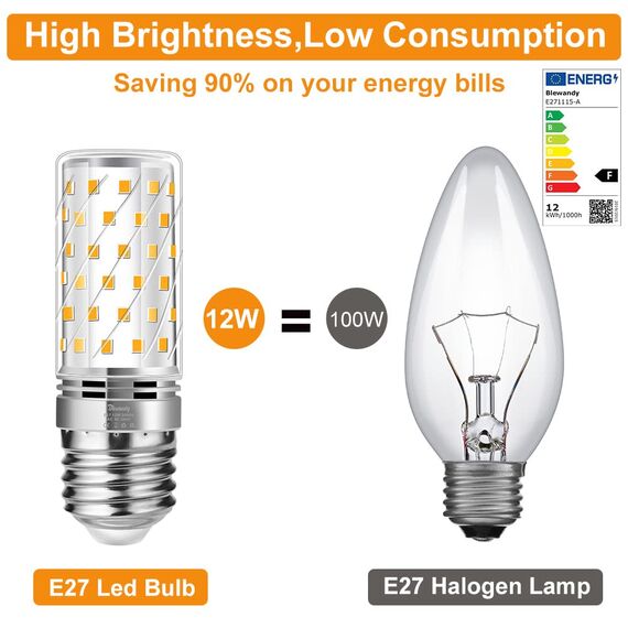 Blewandy E27 LED Warmweiss, 12W LED Lampen Ersatz 100W Halogenlampe, Warmweiß 3000K Nicht Dimmbar Kein Flackern Energiesparlampe, 6 Stück E27 Schraube Glühbirne