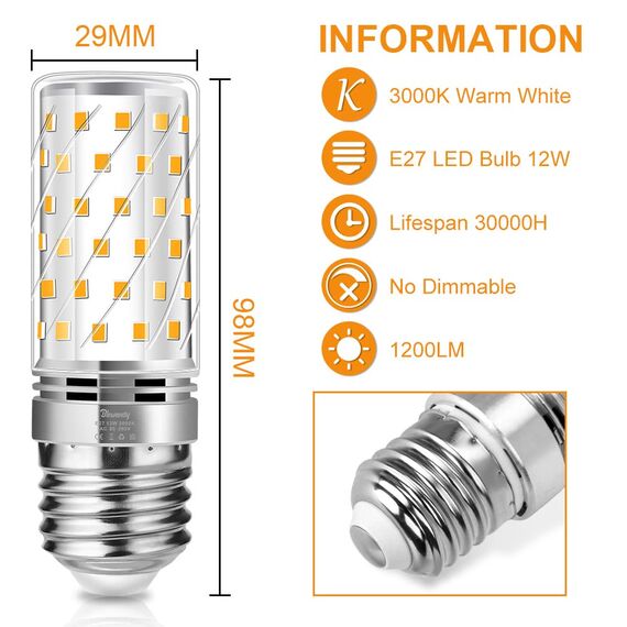 Blewandy E27 LED Warmweiss, 12W LED Lampen Ersatz 100W Halogenlampe, Warmweiß 3000K Nicht Dimmbar Kein Flackern Energiesparlampe, 6 Stück E27 Schraube Glühbirne