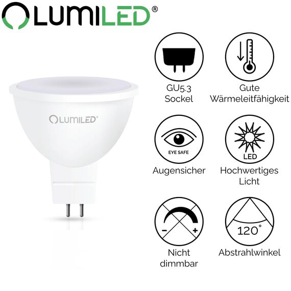 Lumiled 12V GU5.3 LED Lampen Leuchtmittel Spot 10 Stück Set, MR16 6W (entspricht 50W) 3000K Warmweiß 580 Lumen 120° Abstrahlwinkel Nicht Dimmbar