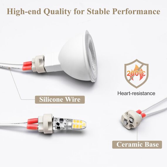 DiCUNO MR16 GU5.3 Fassung mit 15cm Silikonkabel, Sockel G4/GY6.35, Bi-Pin Stiftsockel für LED Lampen, Halogen, Glühbirnen, 12-250V, 2A, 100W, hitzebeständig bis 200°C, 50er Pack