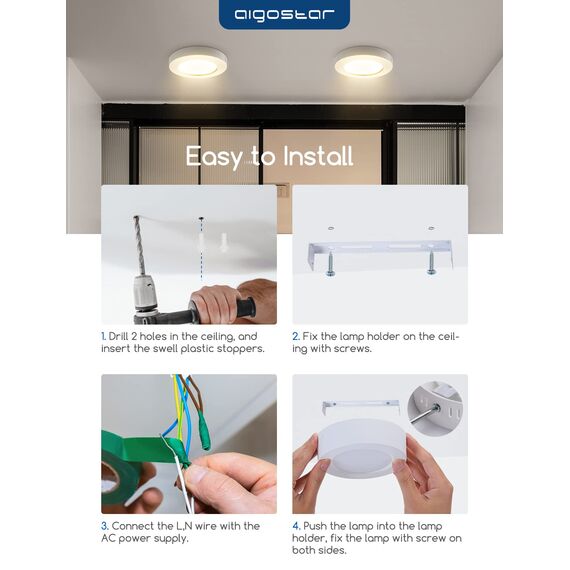 Aigostar Deckenlampe LED 6W 3000K Deckenleuchte, 600lm lampen decke ideal für Badezimmer Balkon Flur Küche Wohnzimmer, Warmweiß Badezimmerlampe Ø12.3cm, 2 Packungen