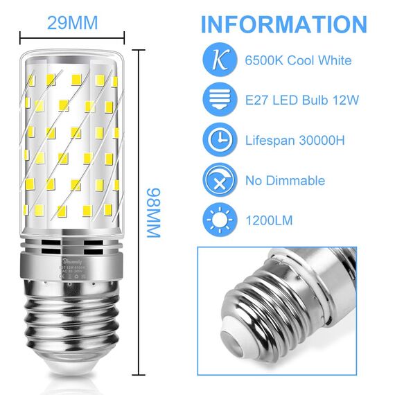 Blewandy LED Lampe Glühbirne E27, 12W Ersetzt Glühbirnen 100W, Kaltweiß 6500K 1200LM LED Lampen, Nicht dimmbar, Kein Flackern, LED Energiesparlampe Birnen, 6 Stück