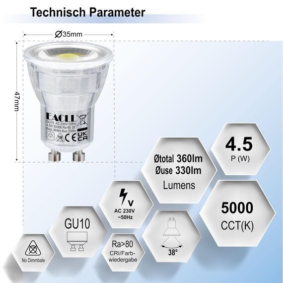 EACLL Mini GU10 LED Tageslichtweiß 4.5 Watt Ersetzt 40W Halogen Leuchtmittel, 4er-Pack, 360lm 5000K Birnen, AC 230V Flimmerfrei Strahler, Abstrahlwinkel 38° Spot, Nicht Dimmbar Reflektor Lampen