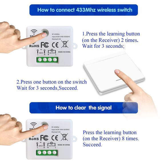 DieseRC Kabelloser Lichtschalter, 10-A-Relais-Empfänger-Controller, einfache Installation, für Leuchten bis 1500 W