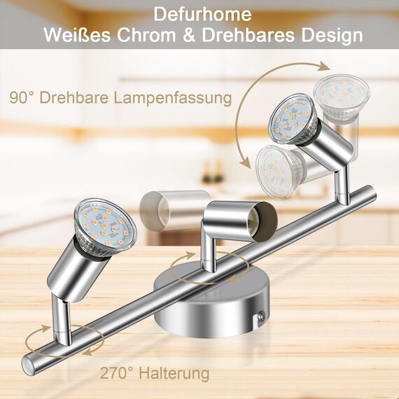 Defurhome LED Deckenleuchte Drehbar, 3 Flammig LED Strahler Deckenlampe Spot,Modern Deckenstrahler (Weißes Chrom) für Küche, Wohnzimmer, Schlafzimmer, inkl. 3 x 4 W GU10 LED Lampen (400LM, warmweiß)
