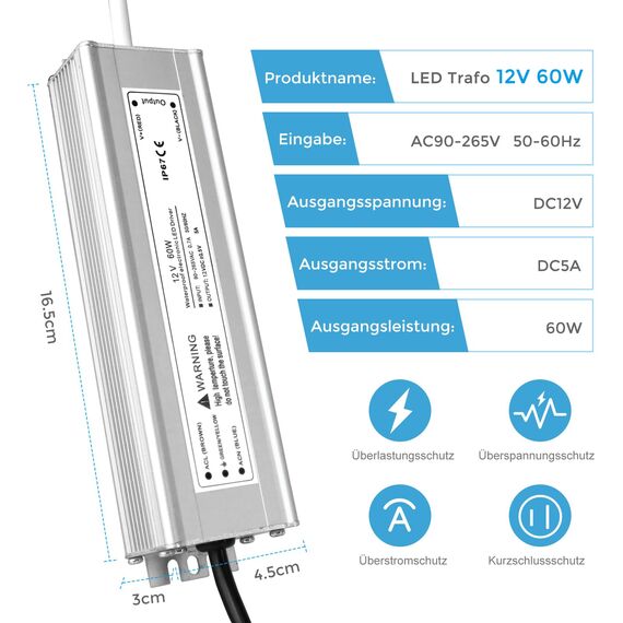 LightingWill LED Trafo 12V 60W IP67, Outdoor Wasserdicht Transformator mit Stecker, Netzteil für LED Streifen Lampen Strahler Lichtbänder