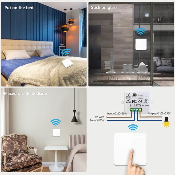 DieseRC Drahtloser Lichtschalter, 86 Wandpaneel RF-Sicherheitsschalter, keine Verkabelung, einfache Installation