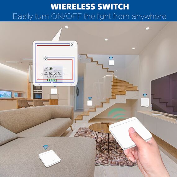 DieseRC Drahtloser Lichtschalter, 86 Wandpaneel RF-Sicherheitsschalter, keine Verkabelung, einfache Installation