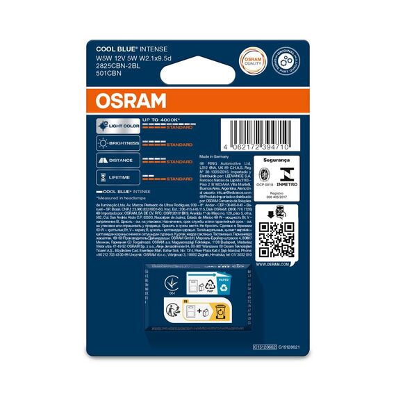 Osram COOL BLUE INTENSE W5W, bis zu 4.000 K, Halogensignallampe, Doppelblister (2 Lampen), 2825CBN-02B