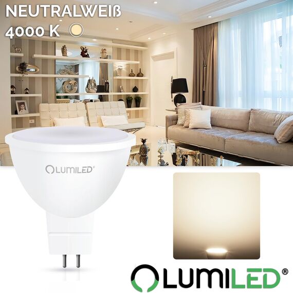 Lumiled 12V GU5.3 LED Lampen Leuchtmittel Spot 10 Stück Set, MR16 6W (entspricht 50W Halogen Glühlampen) 4000K Neutralweiß 580 Lumen 120° Abstrahlwinkel Spots Glühbirnen Halogenleuchte