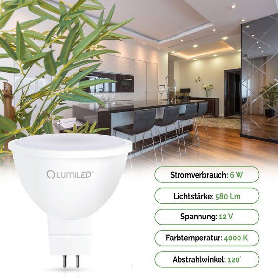 Lumiled 12V GU5.3 LED Lampen Leuchtmittel Spot 10 Stück Set, MR16 6W (entspricht 50W Halogen Glühlampen) 4000K Neutralweiß 580 Lumen 120° Abstrahlwinkel Spots Glühbirnen Halogenleuchte