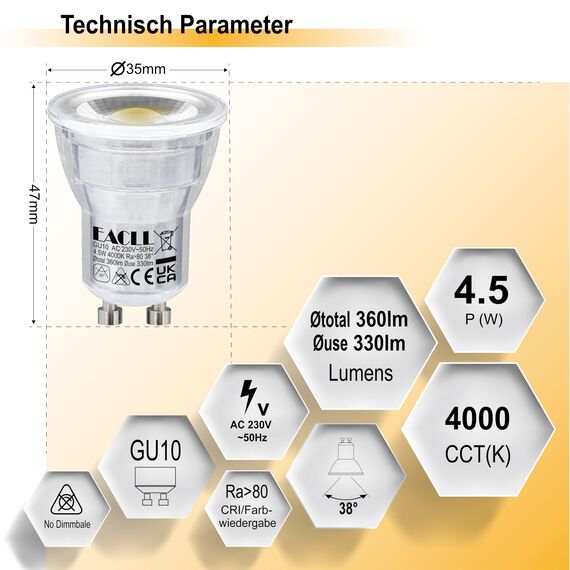 EACLL Mini GU10 LED 4000K 4.5 Watt Ersetzt 40W Halogen Leuchtmittel, 4er-Pack, Neutralweiss 330lm Birnen, AC 230V Flimmerfrei Strahler, Abstrahlwinkel 38° Spot, Nicht Dimmbar Reflektor Lampen