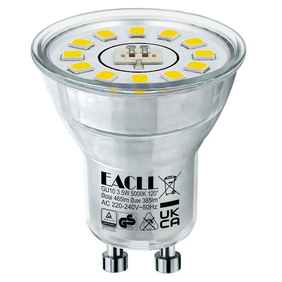 EACLL Mini GU10 LED Tageslichtweiß 3.5 Watt Ersetzt 50W Halogen Leuchtmittel, 4er-Pack, 385lm 5000K Birnen, AC 230V Flimmerfrei Strahler, Abstrahlwinkel 120° Spot, Nicht Dimmbar Reflektor Lampen Ø35MM