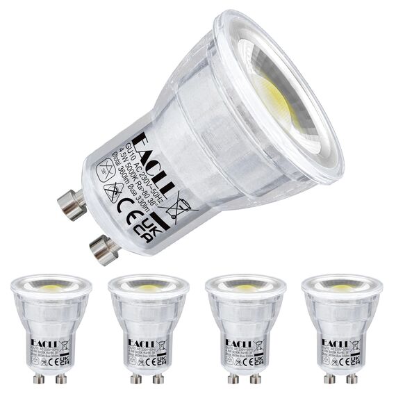EACLL Mini GU10 LED Tageslichtweiß 4.5 Watt Ersetzt 40W Halogen Leuchtmittel, 4er-Pack, 360lm 5000K Birnen, AC 230V Flimmerfrei Strahler, Abstrahlwinkel 38° Spot, Nicht Dimmbar Reflektor Lampen