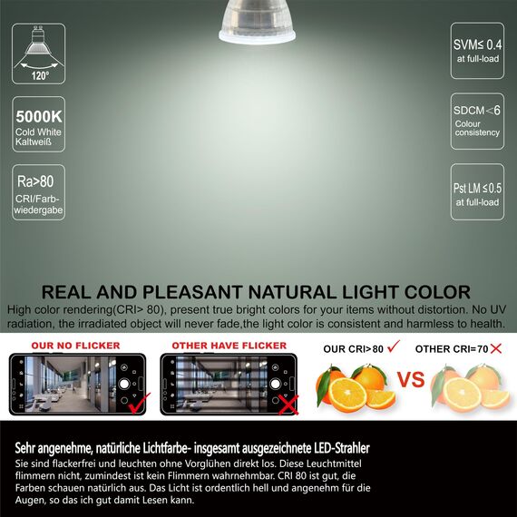 EACLL Mini GU10 LED Tageslichtweiß 3.5 Watt Ersetzt 50W Halogen Leuchtmittel, 4er-Pack, 385lm 5000K Birnen, AC 230V Flimmerfrei Strahler, Abstrahlwinkel 120° Spot, Nicht Dimmbar Reflektor Lampen Ø35MM