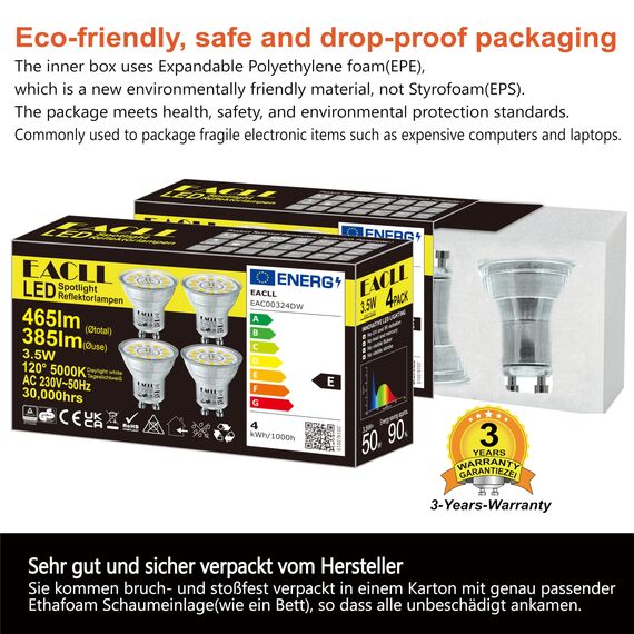EACLL Mini GU10 LED Tageslichtweiß 3.5 Watt Ersetzt 50W Halogen Leuchtmittel, 4er-Pack, 385lm 5000K Birnen, AC 230V Flimmerfrei Strahler, Abstrahlwinkel 120° Spot, Nicht Dimmbar Reflektor Lampen Ø35MM