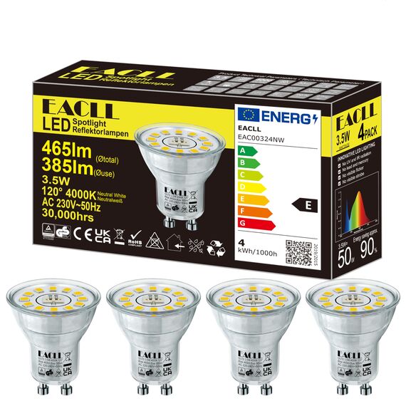 EACLL Mini GU10 LED 4000K 3.5 Watt Ersetzt 50W Halogen Leuchtmittel, 4er-Pack, Neutralweiss 385lm Birnen, AC 230V Flimmerfrei Strahler, Nicht Dimmbar Reflektorlampen, Abstrahlwinkel 120° Spot Ø35MM