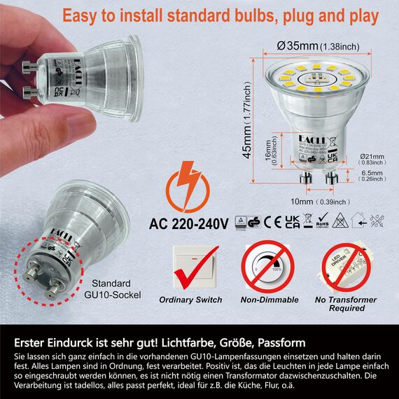 EACLL Mini GU10 LED Tageslichtweiß 3.5 Watt Ersetzt 50W Halogen Leuchtmittel, 4er-Pack, 385lm 5000K Birnen, AC 230V Flimmerfrei Strahler, Abstrahlwinkel 120° Spot, Nicht Dimmbar Reflektor Lampen Ø35MM