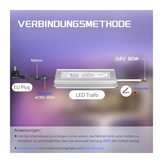 LED Trafo 24V 60W IP67, Outdoor Wasserdicht Transformator mit Stecker, LED Netzteil Treiber 230V auf DC 24 Volt Adapter, Driver Außen für LED-Streifen Lampen Strahler Lichtbänder