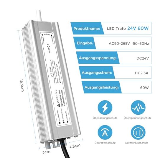 LED Trafo 24V 60W IP67, Outdoor Wasserdicht Transformator mit Stecker, LED Netzteil Treiber 230V auf DC 24 Volt Adapter, Driver Außen für LED-Streifen Lampen Strahler Lichtbänder