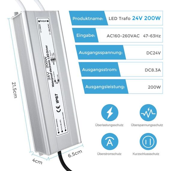 LED Trafo 24V 200W IP67, Outdoor Wasserdicht Transformator mit Stecker, Netzteil Treiber 230V auf DC 24 Volt Adapter, Driver Außen für LED-Streifen Lampen Strahler Lichtbänder