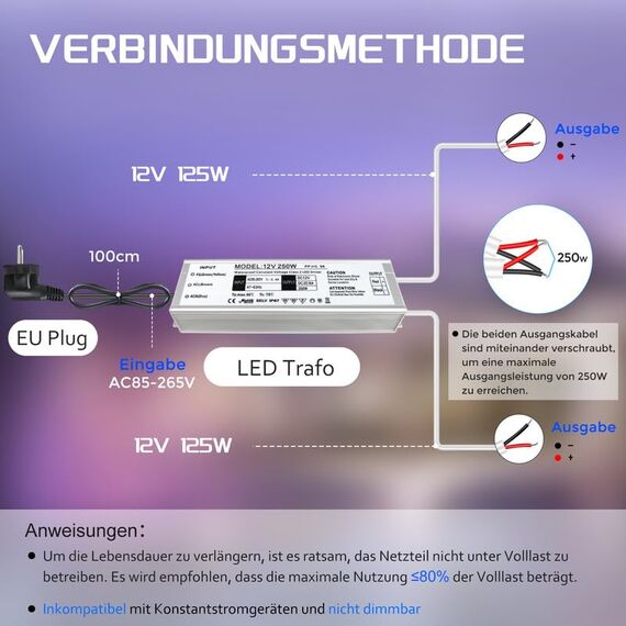 LED Trafo 12V 250W IP67, Outdoor Wasserdicht Transformator mit Stecker, Netzteil Treiber 230V auf DC 12 Volt Adapter, Driver Außen für LED-Streifen Lampen Strahler Lichtbänder