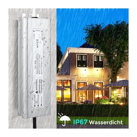 LED Trafo 24V 60W IP67, Outdoor Wasserdicht Transformator mit Stecker, LED Netzteil Treiber 230V auf DC 24 Volt Adapter, Driver Außen für LED-Streifen Lampen Strahler Lichtbänder