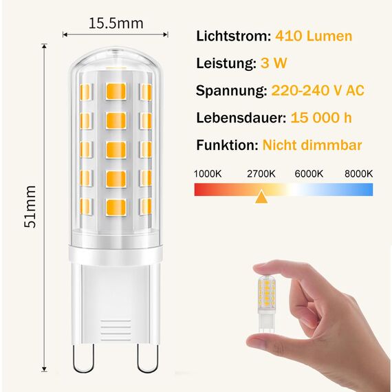 YzzYzz G9 LED Lampe warmweiß 2700K, LED Leuchtmittel 410Lumen, G9 Glühbirne 3W entspricht 40W Halogenlampe, kein Flackern, nicht dimmbar, Enegiesparende kleine Birne, 6er Pack