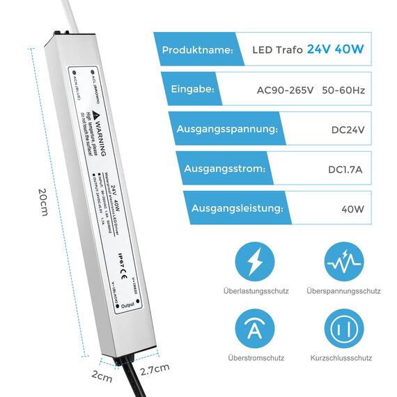 LightingWill Stromversorgung 24 V, 1,66 A, 40 W, IP67, Trafo 220 V, 24 V, wasserdicht, mit Stecker, Konverter AD 220 V auf DC 24 V, Trafo für Streifen, Lampen und Projektoren