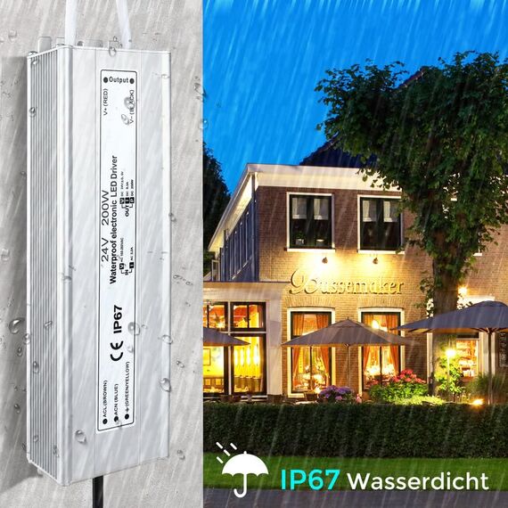 LED Trafo 24V 200W IP67, Outdoor Wasserdicht Transformator mit Stecker, Netzteil Treiber 230V auf DC 24 Volt Adapter, Driver Außen für LED-Streifen Lampen Strahler Lichtbänder